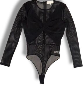 Fleur Du Mal Black Silk Mesh Twist Front Bodysuit Long Sleeve Size M NWOT